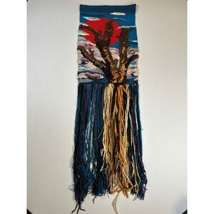 Vintage Tapestry Handwoven Tree Sunset Fiber Art 70s Bohemian Fringe‎ Decor